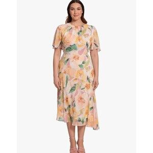 NWT Maggy London Floral Midi Dress Size 10 Peach Yellow Watercolor High Low Hem
